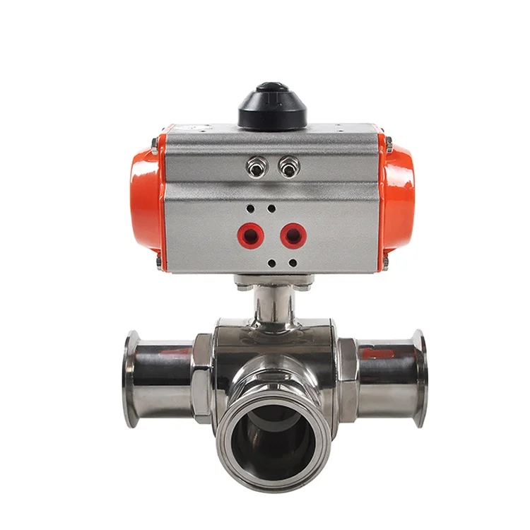 Covna ANSI  AC220V DN50 Stainless Steel 304 Clamp 3 way Pneumatic Actuated Food Grade Ball Valve Pneumatic Ball Valve