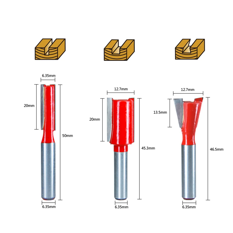 6pcs Wood Router Bit Set 6.35mm 1/4 Inch Shank Tungsten Carbide Tipped Milling Cutter with Bearing Woodworking Tools