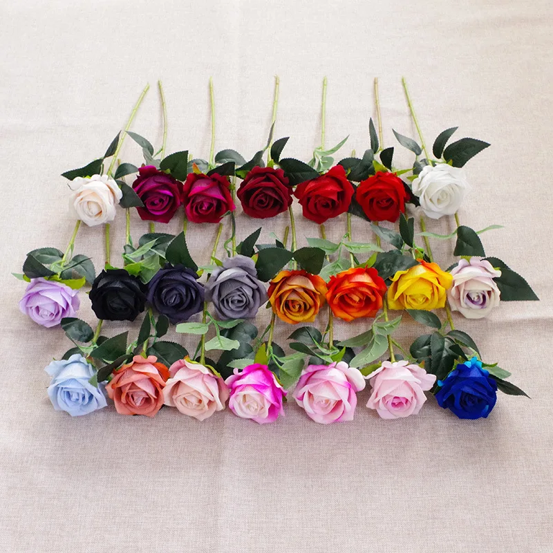 YOPIN-1183 Hot Sale Artificial Real Touch Roses Bunch Flower Silk Garden Red Single Velvet Rose
