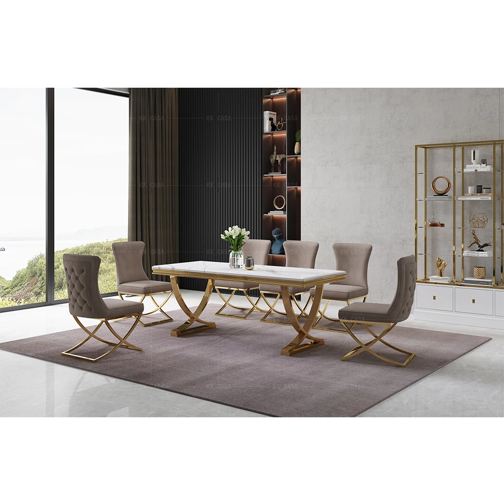 Living Room Furniture Practical Luxury Rectangle Marble Dinning Table Set With Golden Black Silver Base Legs