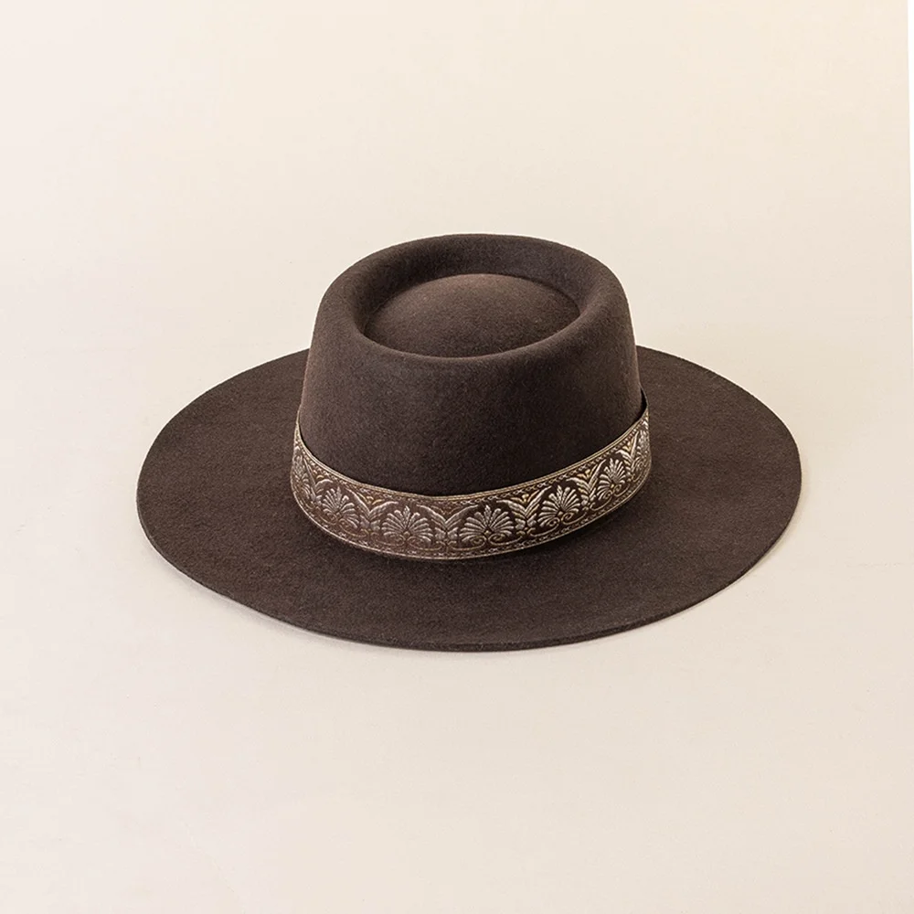 factory wholesale custom autumn winter new wool hat fashion vintage embroidery ribbon top hat wide eaves ring top fedora hat