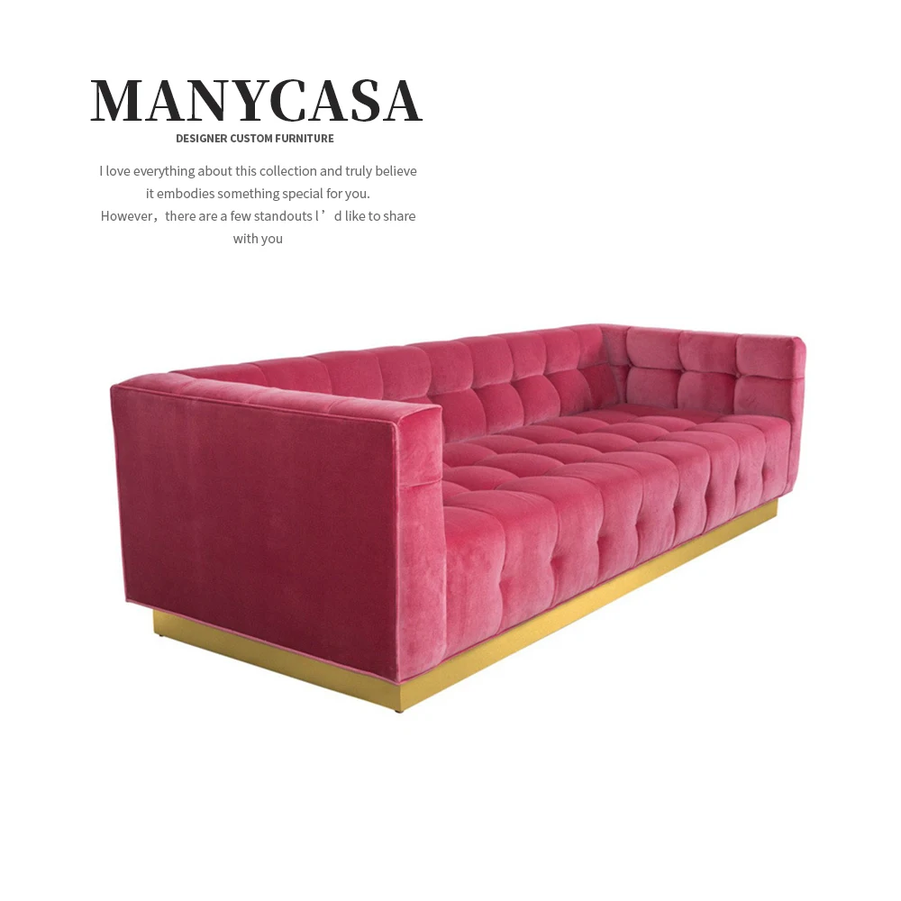 Light Luxury Pink Velvet Fabric Lounge Tufted Sofa Gold Stainless Steel Base Settee Couch For Hotel/Home Furniture