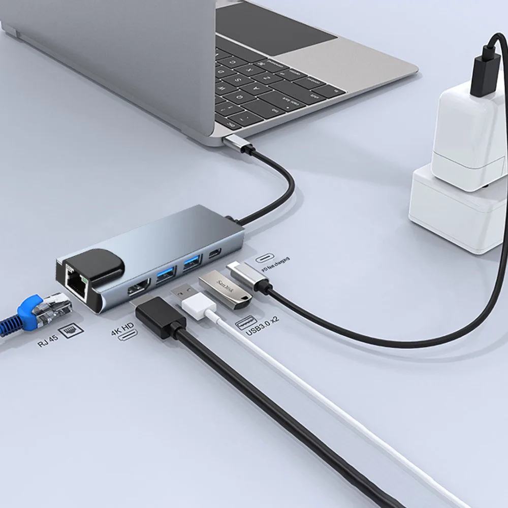 Factory customizable appearance Logo Gray 5-in-1 USB Type-C hub Hdmi 4K USB C hub to Gigabit Ethernet Rj45 Lan adapter