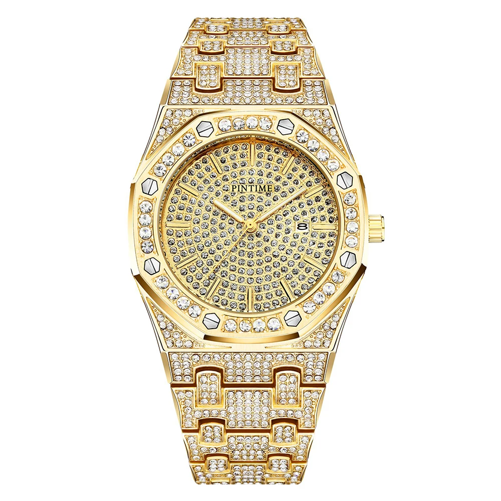 Big Gold Luxury Brand Diamond Mens Watches Top Brand Luxury Iced Out Male Quartz Watch Calendar Hip Hop Watch For Men