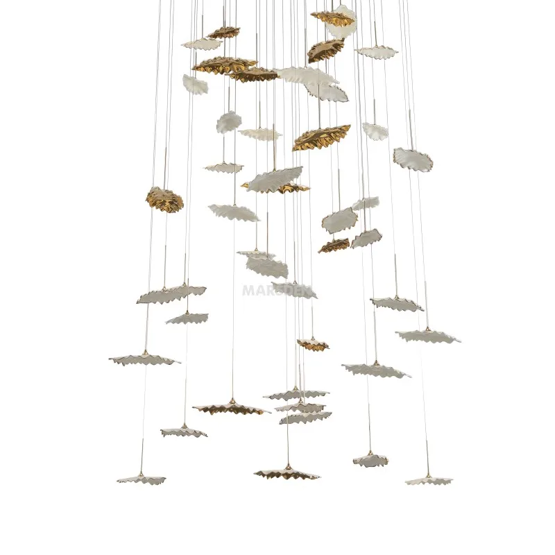 MARSDEN customization 24K gold rich expensive ceramic leaves white color villa high ceiling chandelier