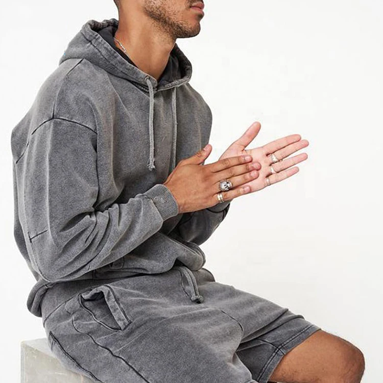 Streetwear wholesale trade acid washed drop shoulder french terry black vintage wash oversized blank hoodie