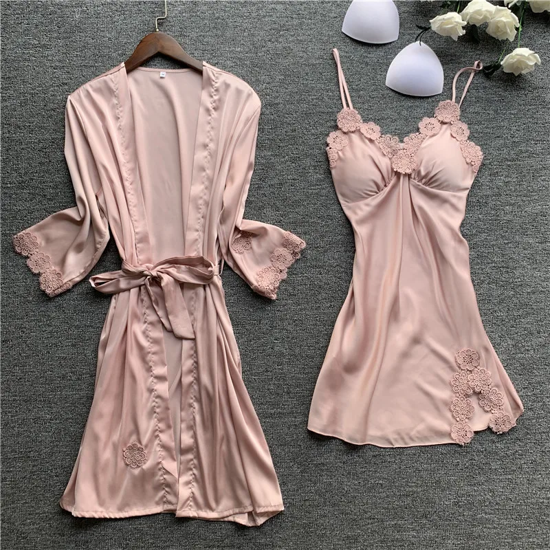 Satin Sexy Lace Pajamas 4 pieces Set Pyjama Silk Homewear Spaghetti Strap Pijama Women Sleepwear with Chest Pads