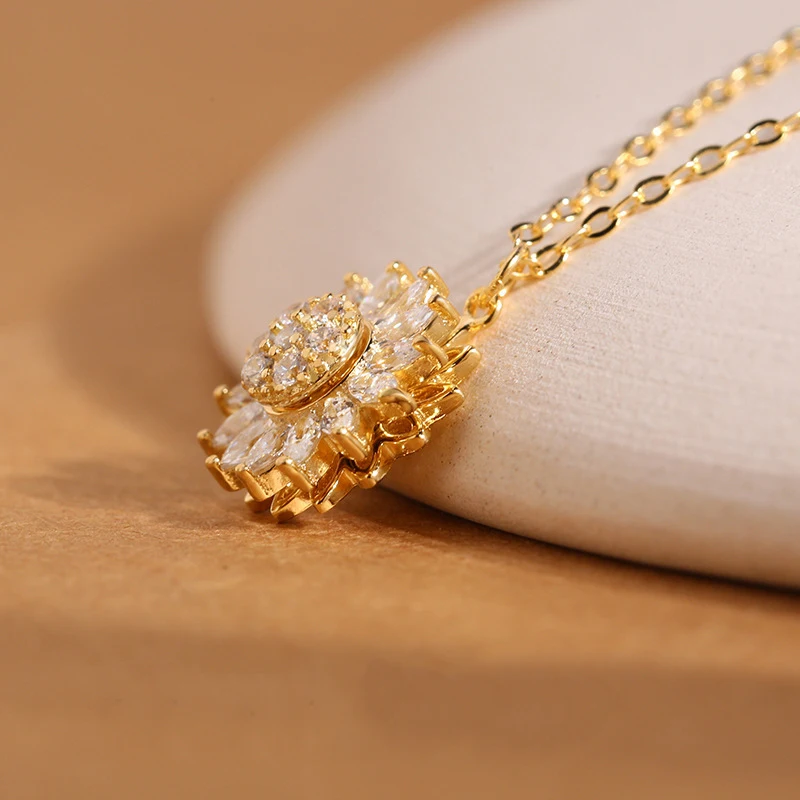 Rainbowking Dainty S925 sterling silver Rotating flower charms jewelry 18k gold plated pave setting cluster cz pendant necklace