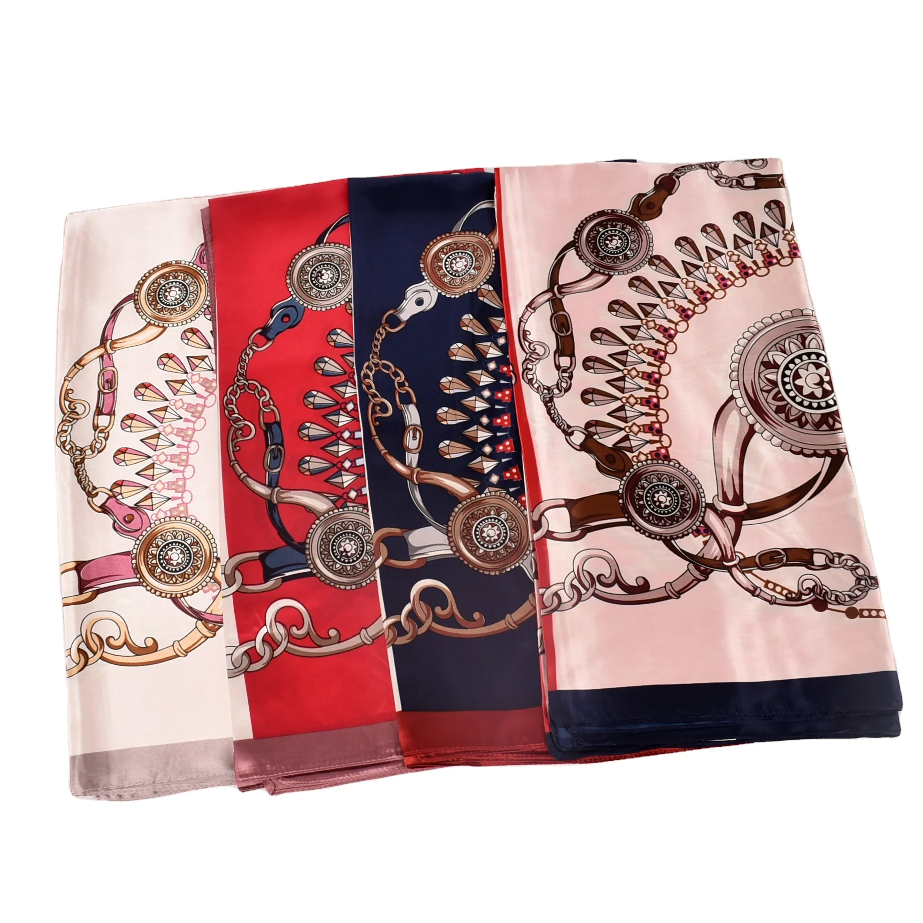 Новинка 2021, новый квадратный шарф со стразами и цепочкой, модный новый квадратный атласный шарф с принтом 90x90, шелковый шарф с принтом