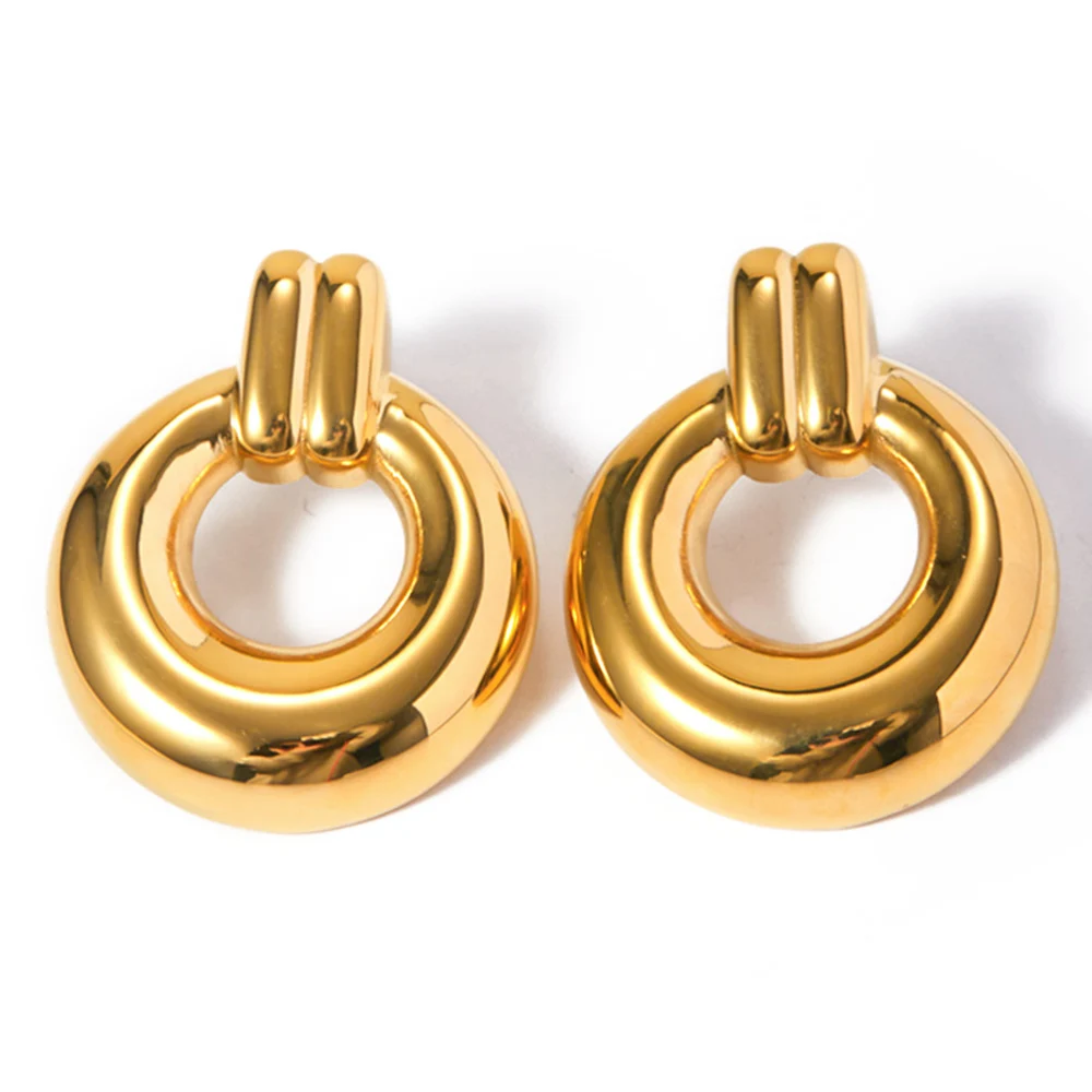 Smooth Metal Geometric Statement Earrings Simple 18K Gold Stainless Steel Round Pendant Earrings Women Jewelry