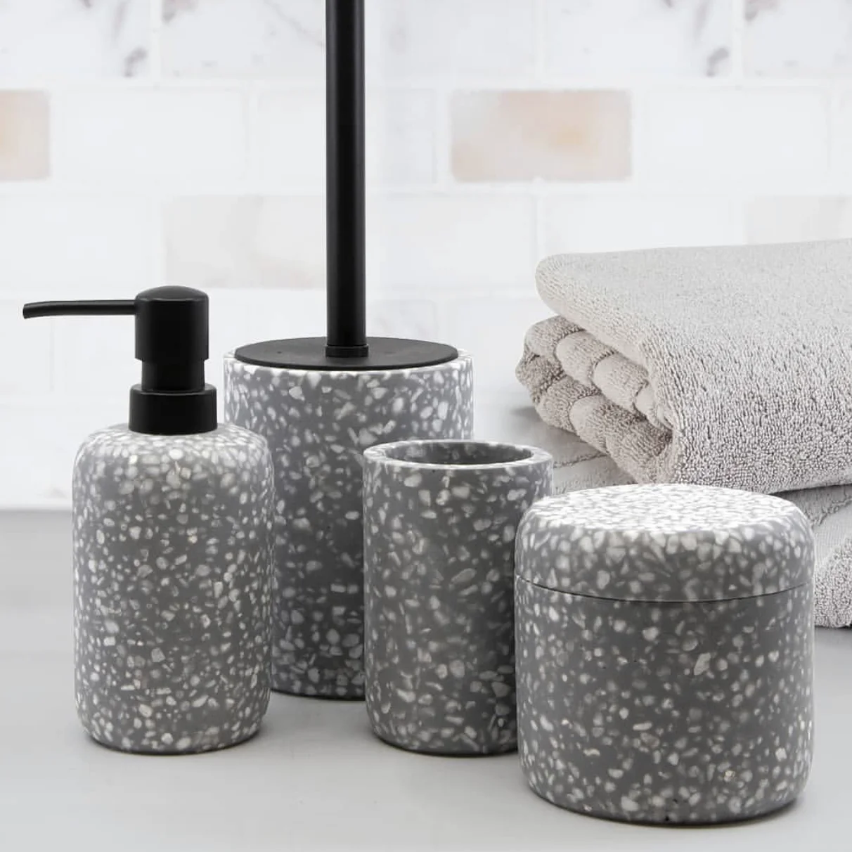 
Hot sale elegance matte grey stone terrazzo dispenser modern bath room accessories bathroom accessories set for hotel 