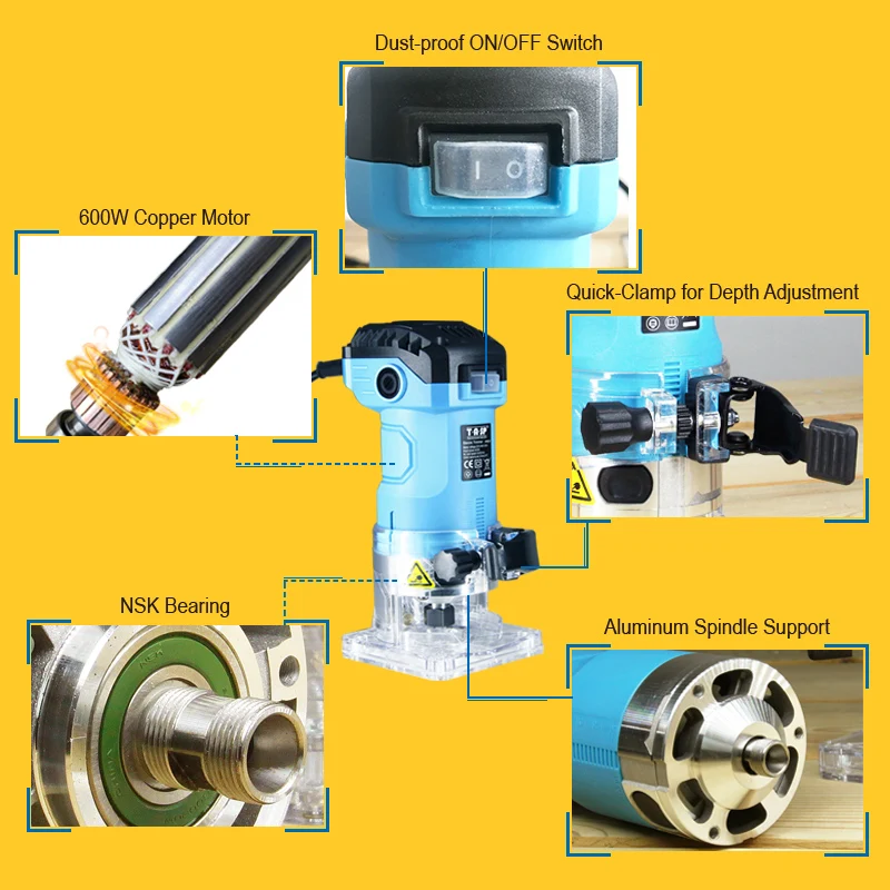 220V 600W Electric Trimmer 6.35mm Collet Mini Wood Router Woodworking Tools