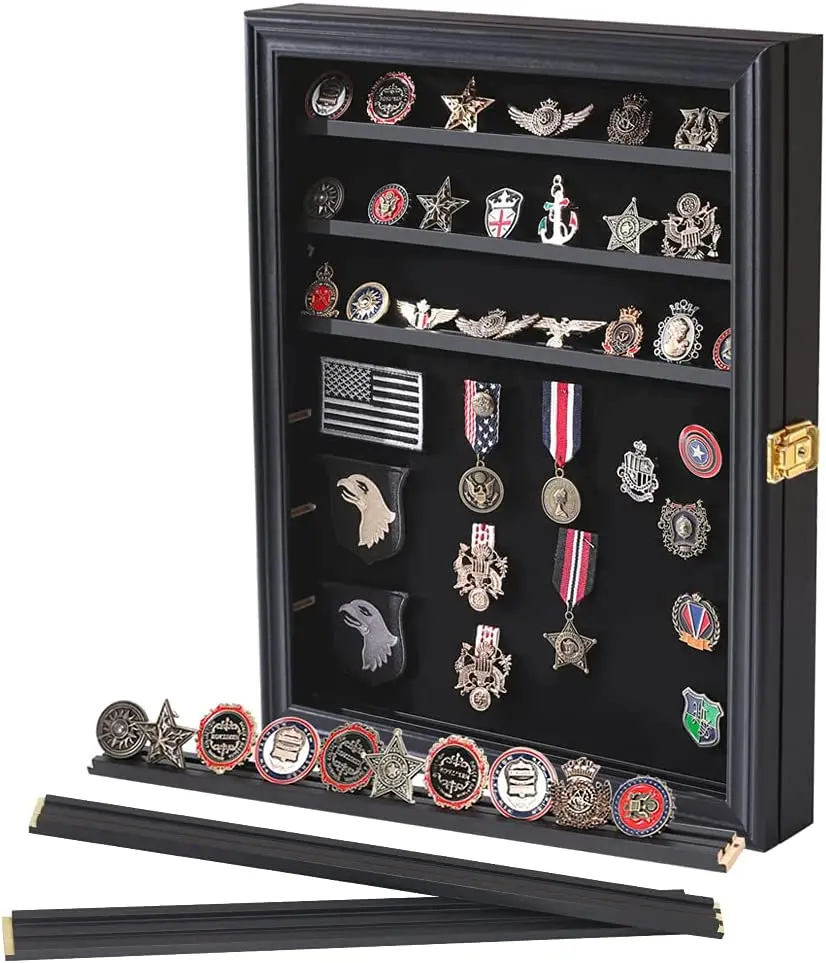 Military Challenge Coin Display Case Lockable Cabinet Rack Holder Shadow Box with Removable Grooves Shelves
