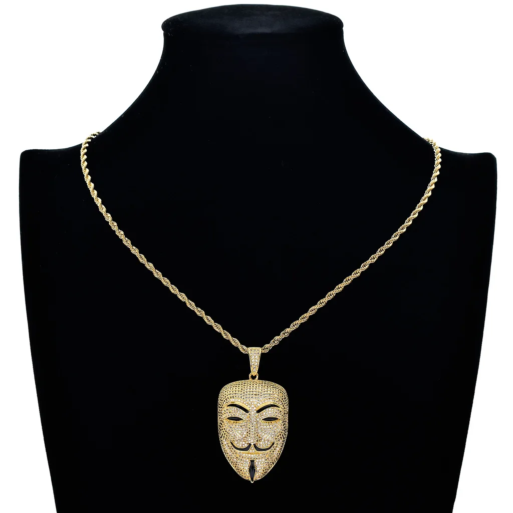 Men Pendant Gold Plated Iced Out CZ Full Diamond BLING Movie Revenge Team V-Vendetta Smiley Face Necklace