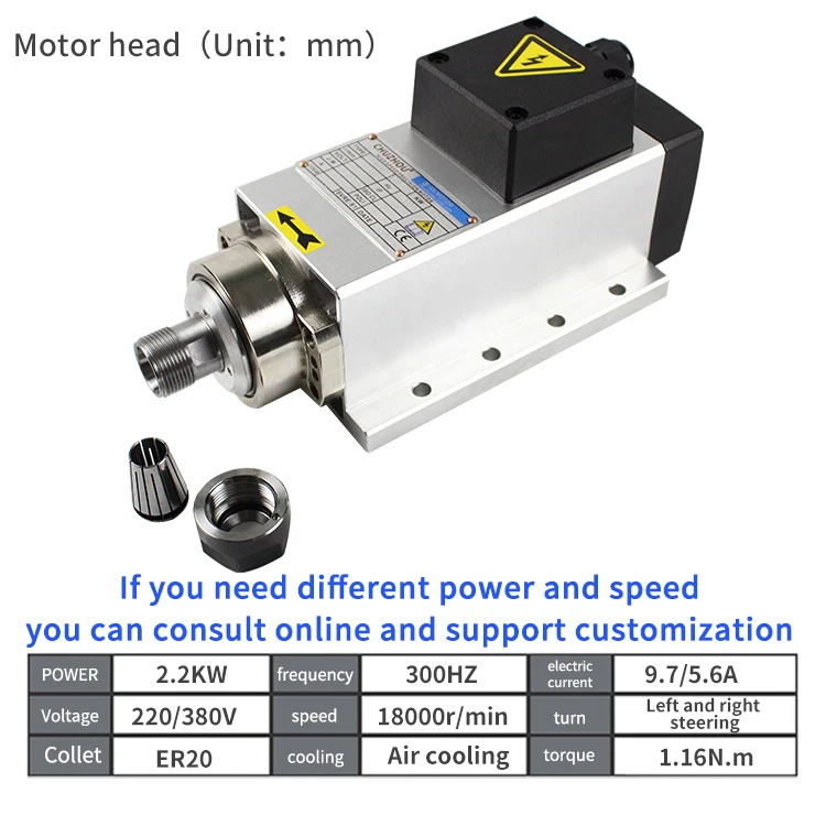 Cnc Mill Spindle Motor Er20 2.2KW Air Cooled CNC Router Machine Square Spindle Motor With 380V 220V 18000rpm