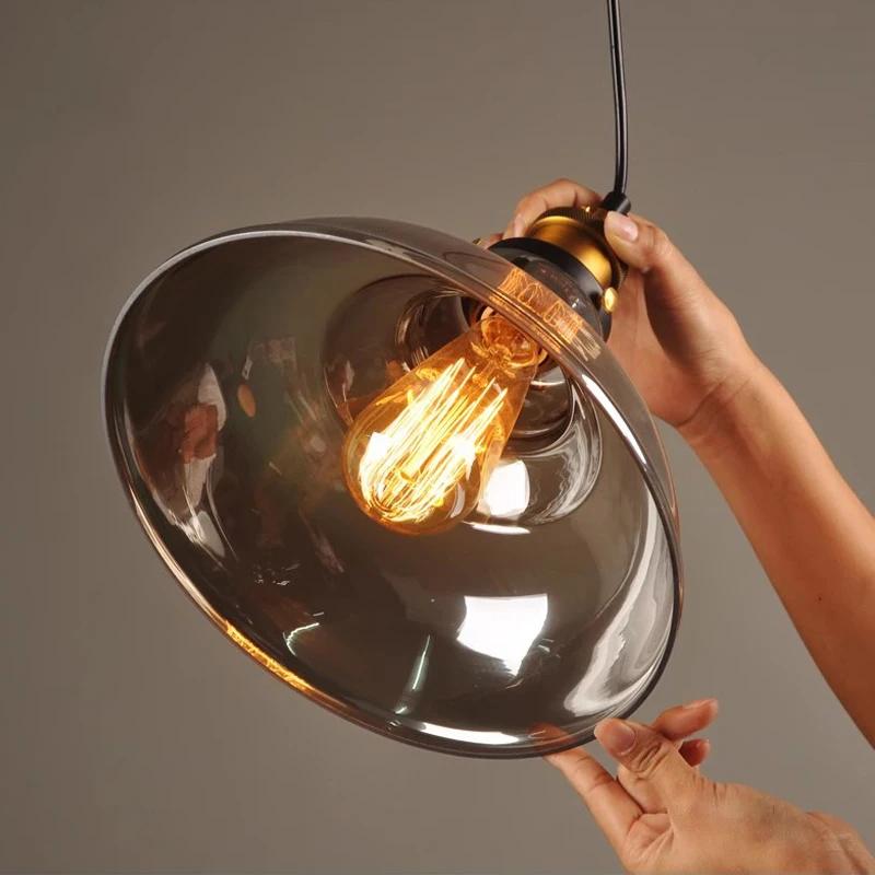 Modern Cup Shape Glass Shade Led Vintage Hanging Lamp aluminum Socket E27 Bulb Pendant Lights For Dinning Room amber chandelier