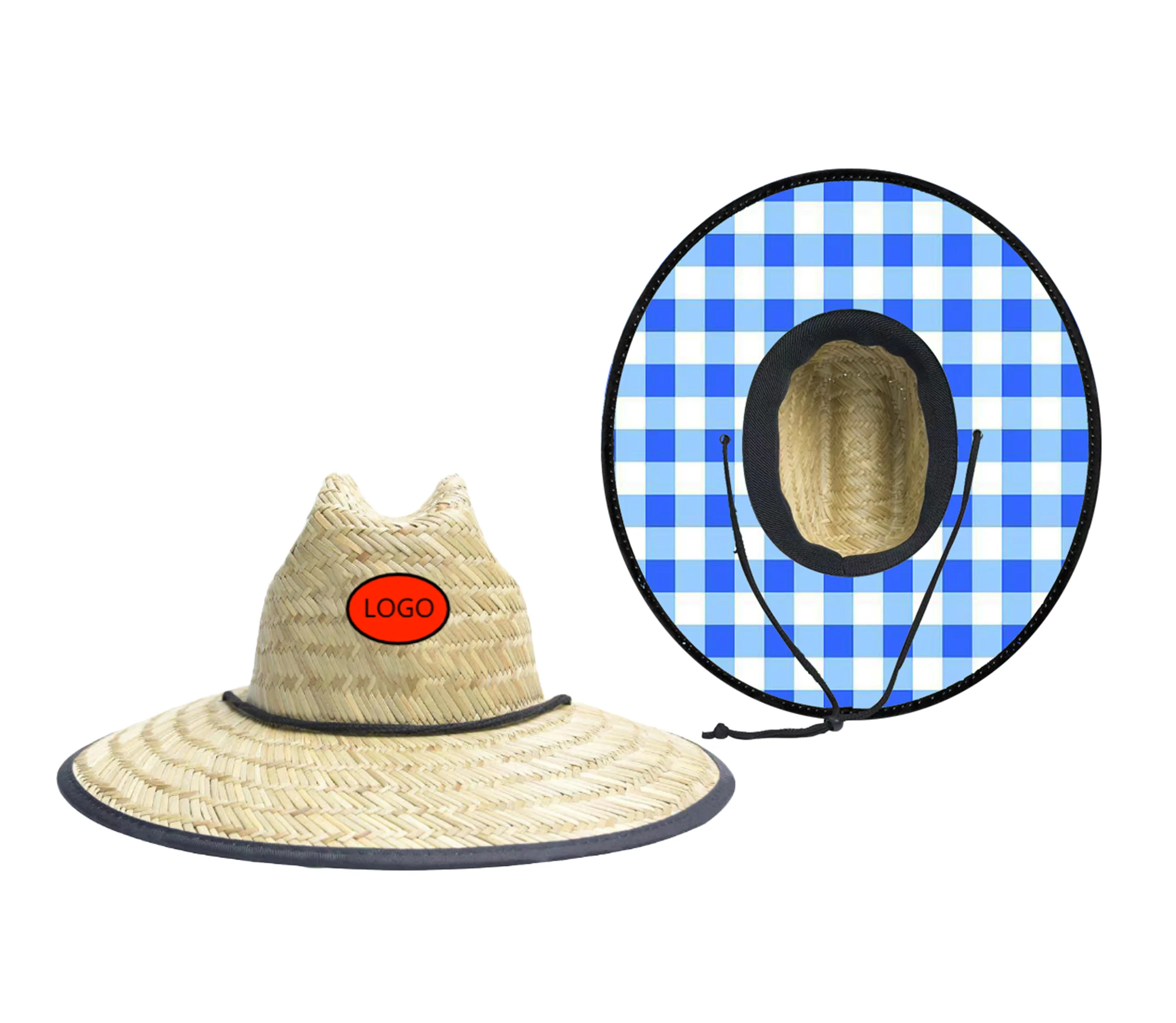 Custom Natural Grass Checkered Racing Flag Uv Protection Kid Lifeguard Safari Surfing Beach Children Straw Hat