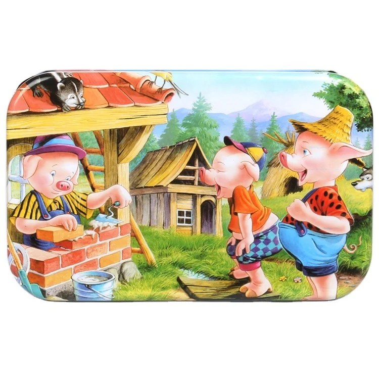60PCS Wooden Jigsaw Iron Box Set Cartoon Characters Animal Early Educational Puzzle Toy