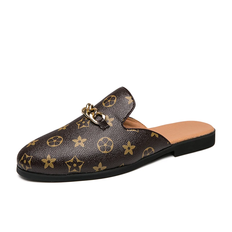
Designer famous brand fashion slip on half dress black casual leather shoes men loafers foot wear sandals slipper 