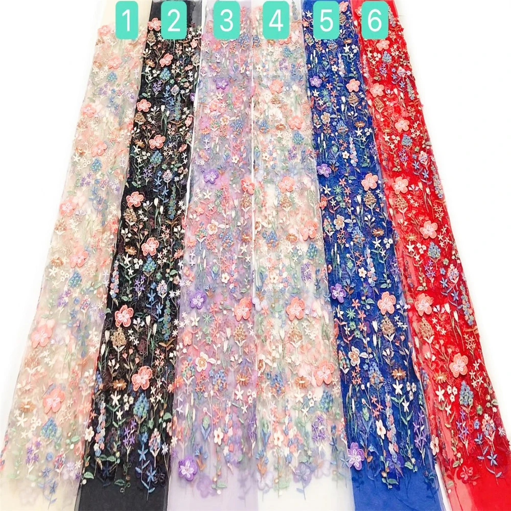 2024 New Design Embroidery Colorful Tulle 3D Floral Colorful Handmade Flower Embroidery Lace Mesh Fabric