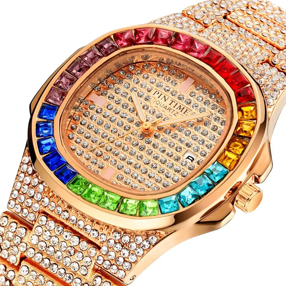 
PINTIME Creative Leopard Watch Men Diamond Gold Steel Iced Out Mens Watches Top Brand Luxury Hip Hop zegarek meski reloj hombre 