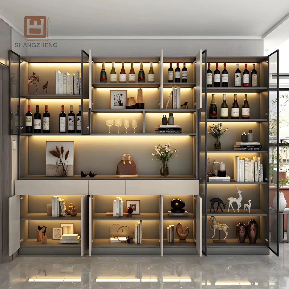 Handmade Modern Luxury Solid Wood Wine Rack Custom High-End Home Bar Furniture with Cabinet Solid Wood Panel Style