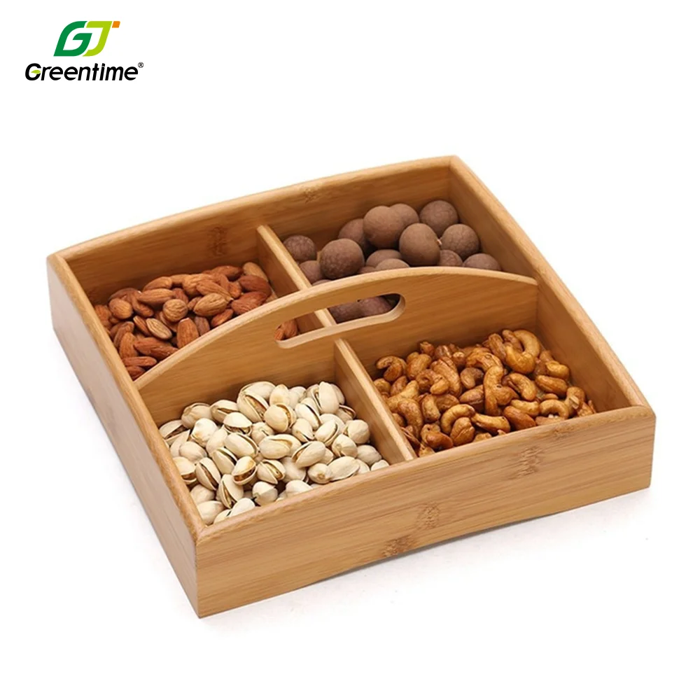 Custom Candy Organizer  Party Sectional Platter Wooden Snack Table Dry fruit Tray Bamboo Tray With 4 Compartments