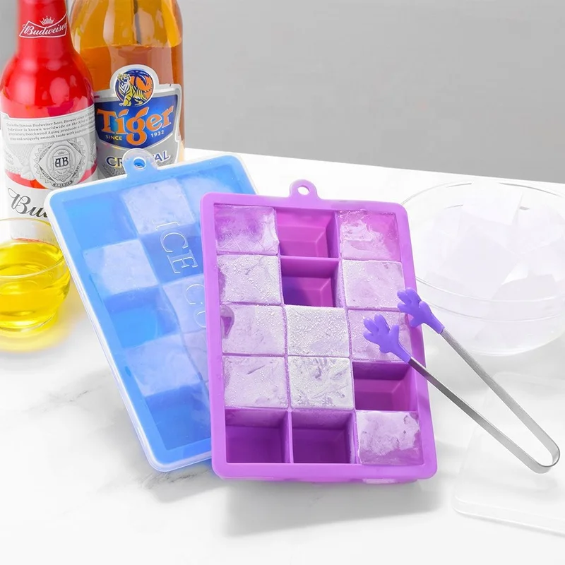 High Quality 15 Holes Removable Stackable Silicone Ice Cube Trays Molds with Lid for Freezer