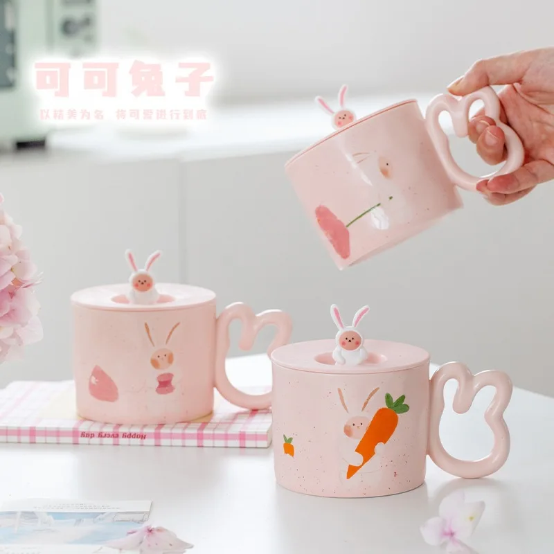 Cute rabbit ceramic cup with cover mug female design carrot coffee cup breakfast cup office
