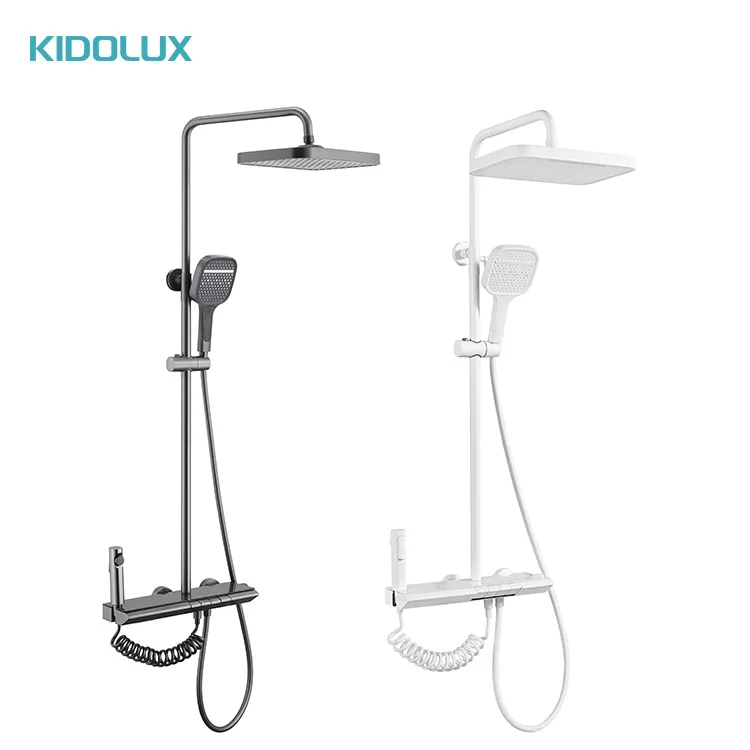 Kidolux Matt White Bathroom Wall Mounted Copper Piano 4 Key Faucet Shower Rainfall System Set Hot Cold 4 Function Tap Shower Set