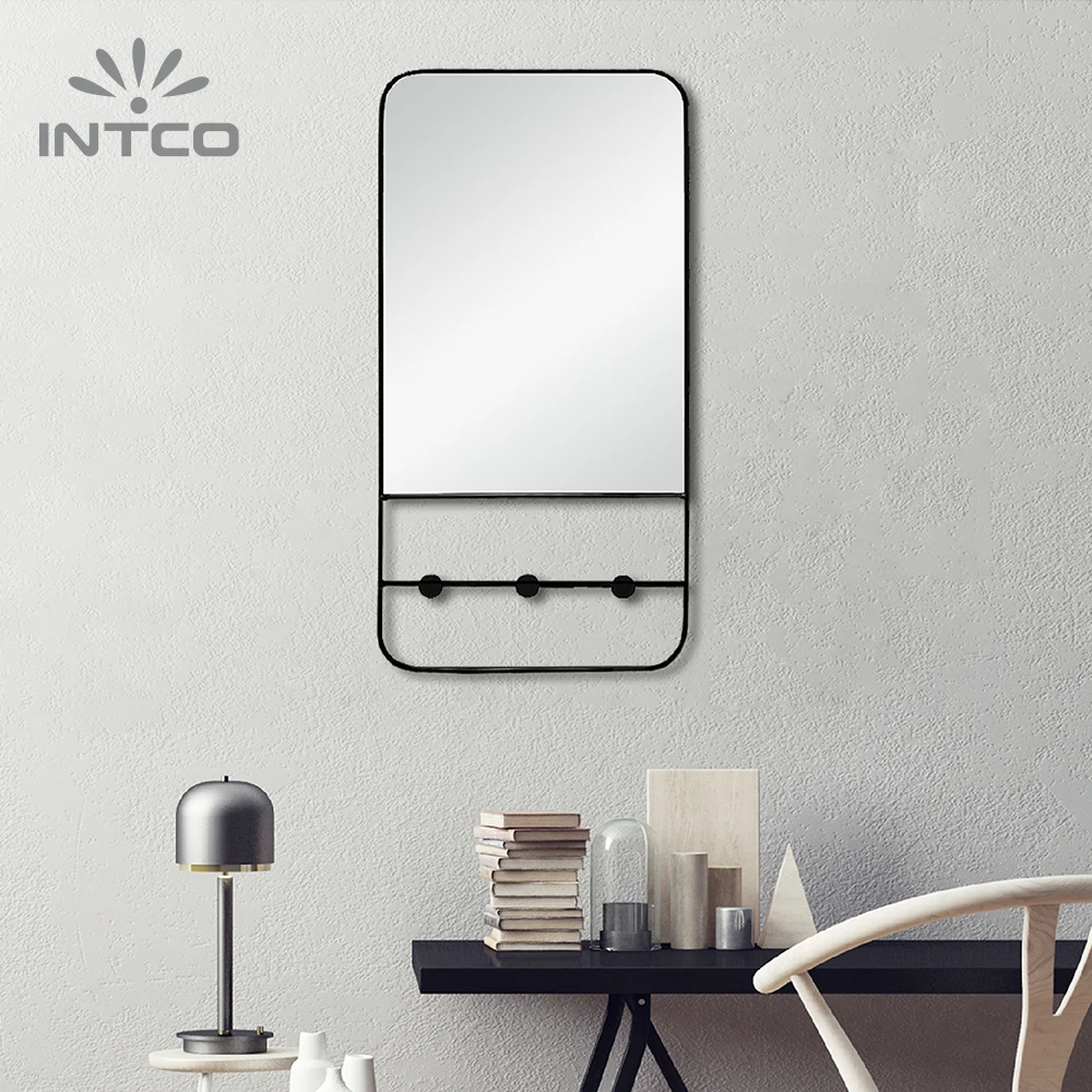 INTCO Wholesale New Arrival Modern Living Room Makeup Wall Decorative Metal Rectangle Framed Mirror with Shelf
