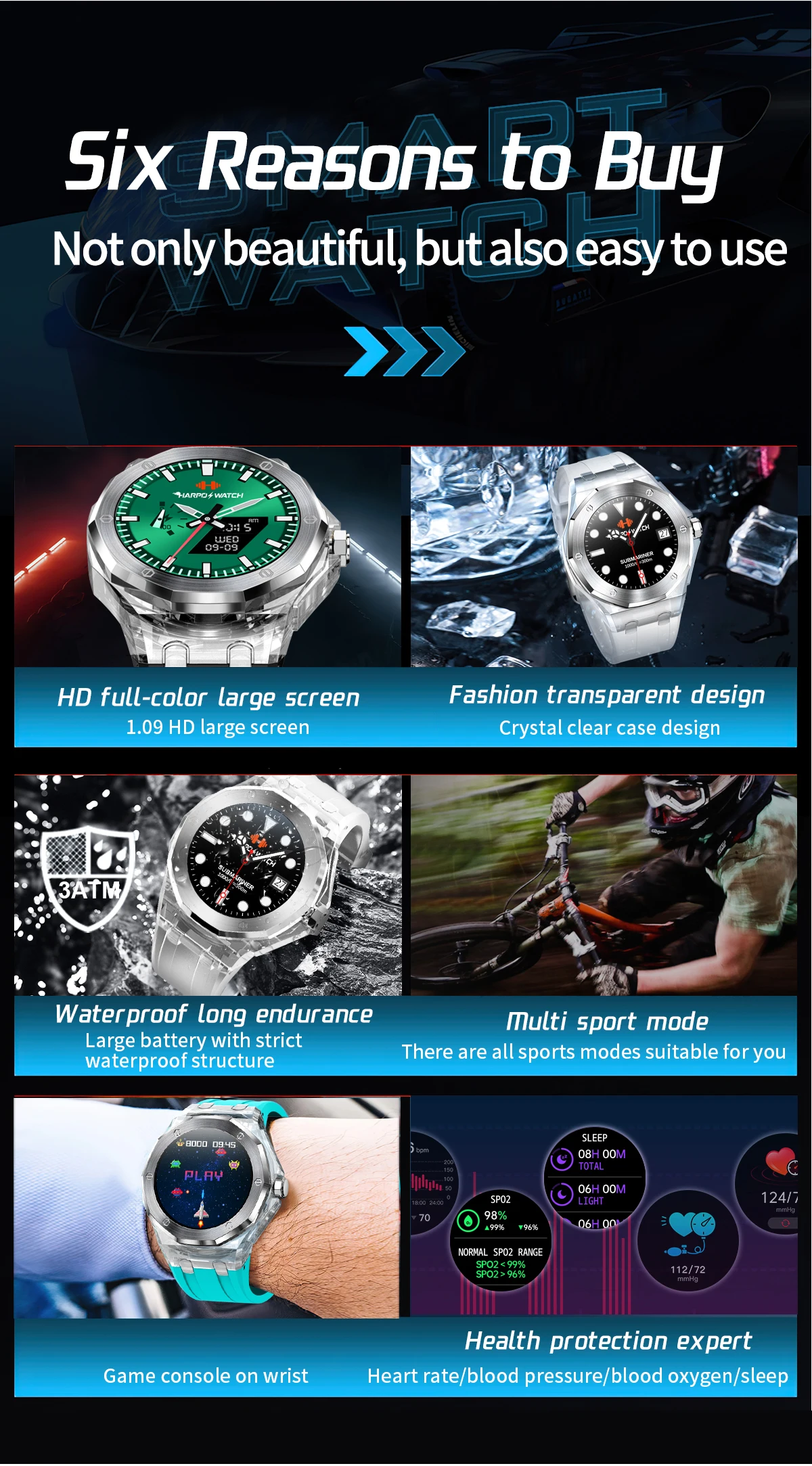 2023 New Fashion Blue Orange White Transparent Case Crystal Tough Material 3ATM Waterproof Smart Watch for Mens Watches