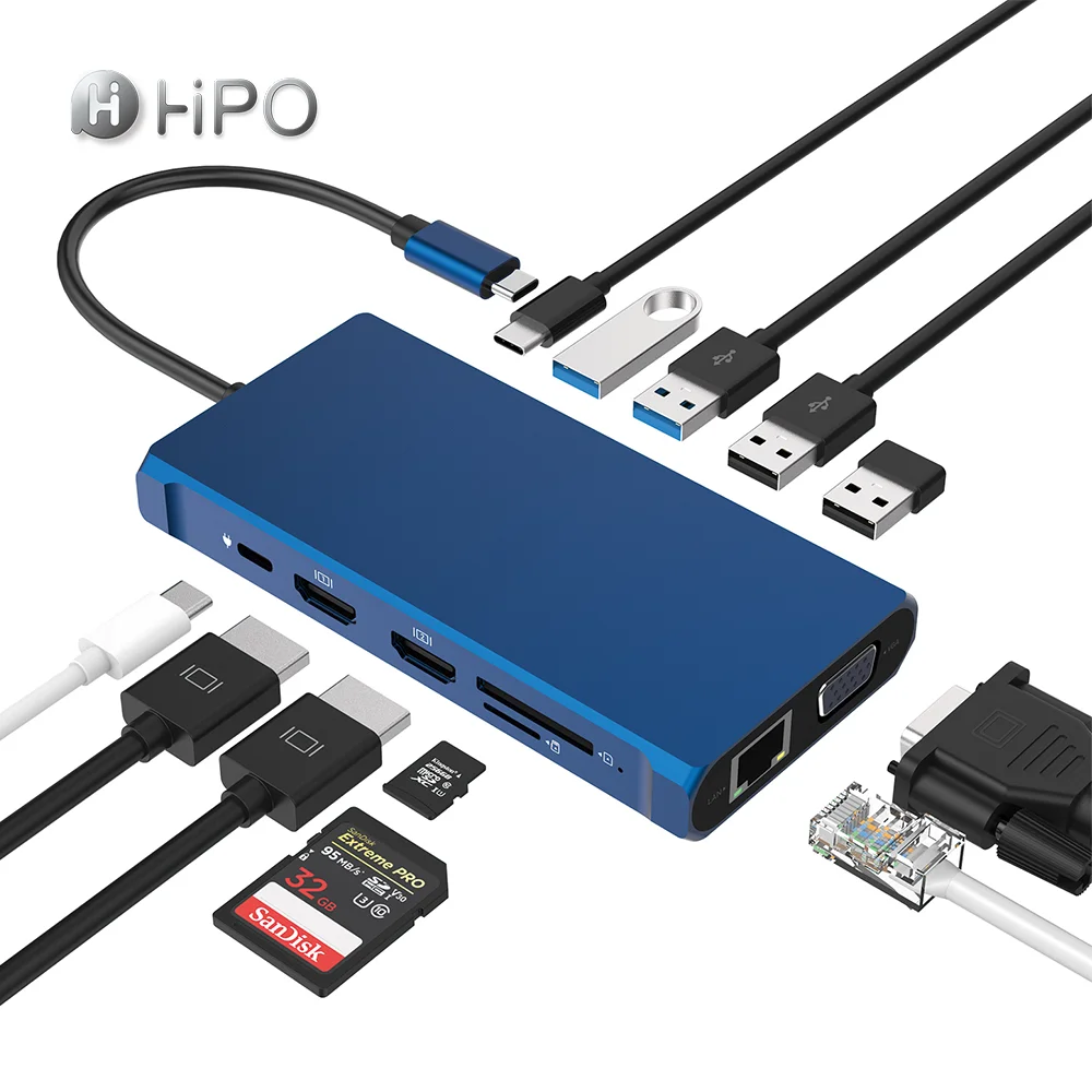 USB C HUB 12 in 1 Dongle with 4K HD VGA  Type C PD  USB3.0  RJ45 Ethernet  SD TF Card Reader  3.5mm AUX Docking Station