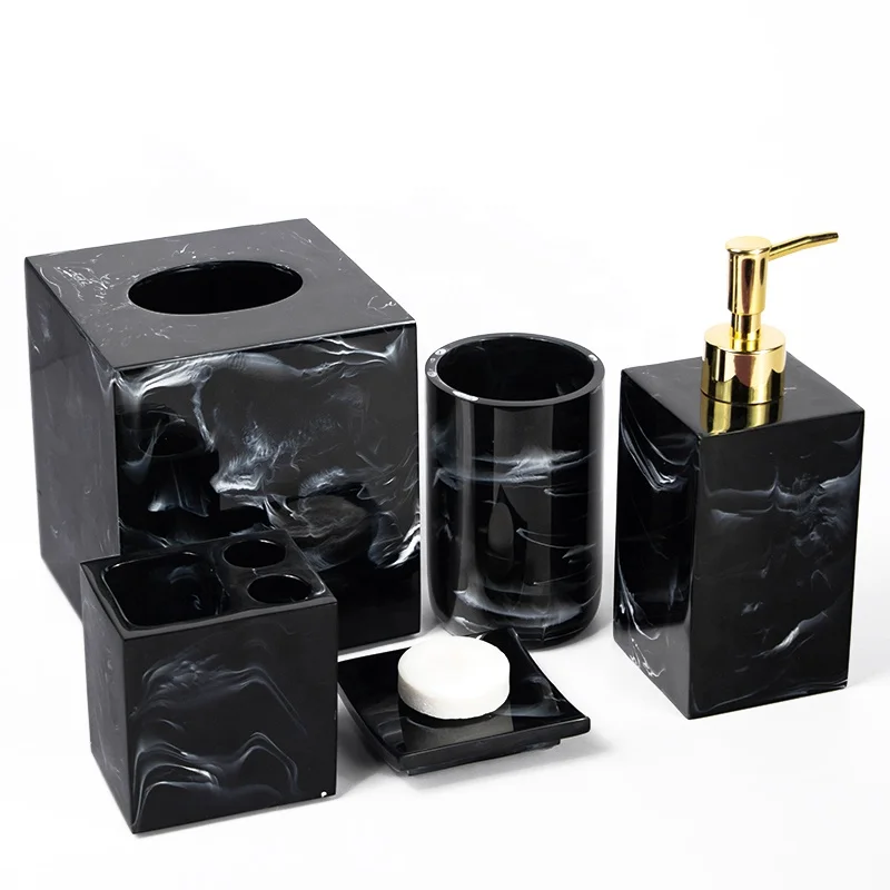 Custom logo luxury polyresin marble sandstone wooden bathroom accessories set good quality