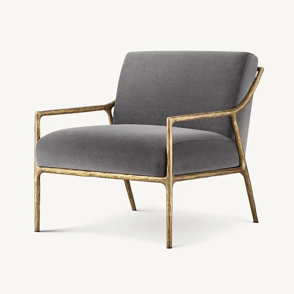 Rustic Slope Arm Chair Hand Hammer Forged Brass Metal Frame Fabric Accent Lounge Chair