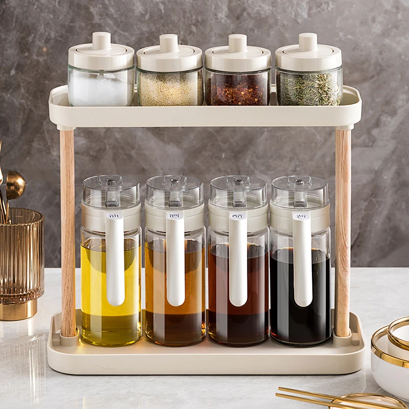 Kitchen spice storage jars set oil glass bottle condiments storage wooden holders rack organizer for kitchen