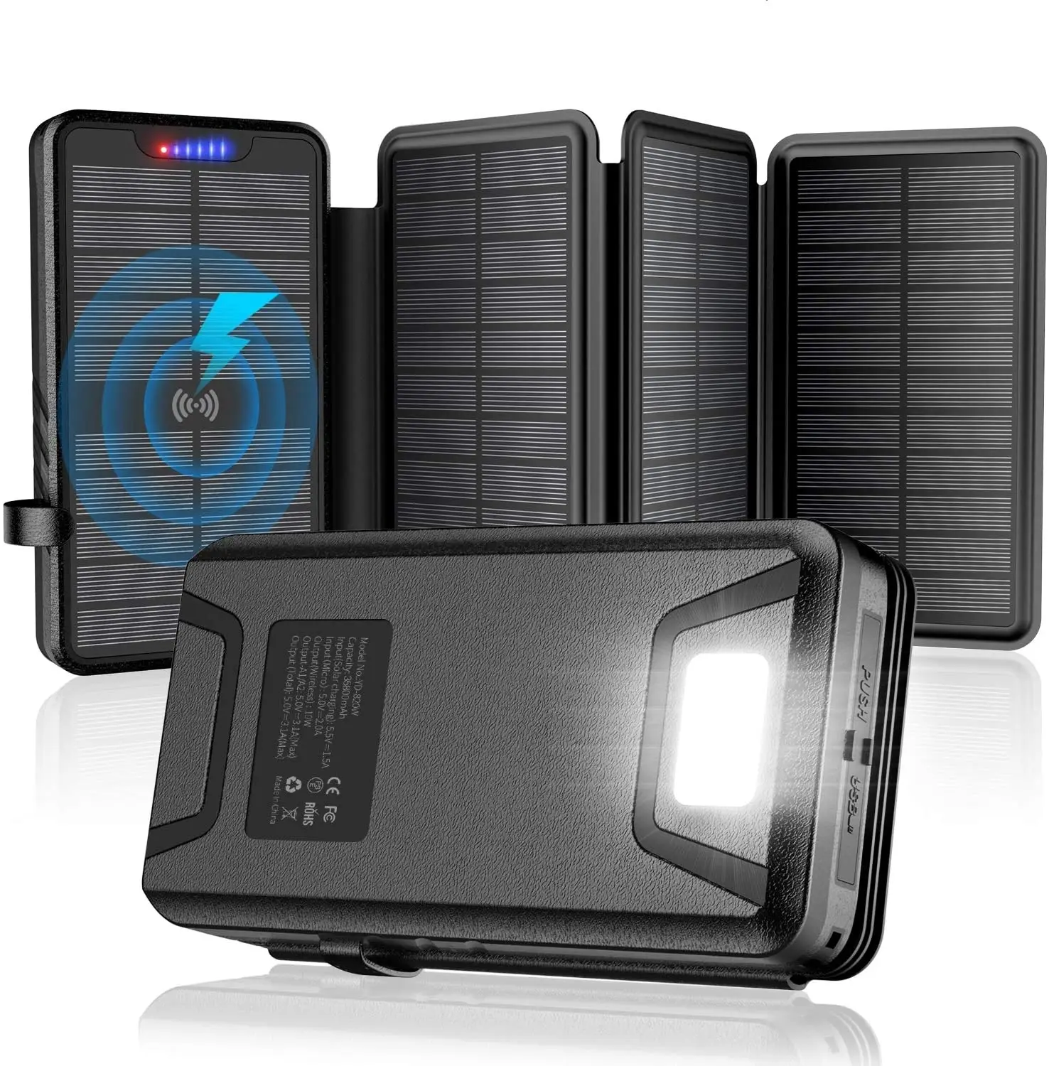 Outdoor Hiking Camping High Capacity Big Stock Waterproof Wireless Solar Panel Power Bank with 4 Panels Bright Flashlights