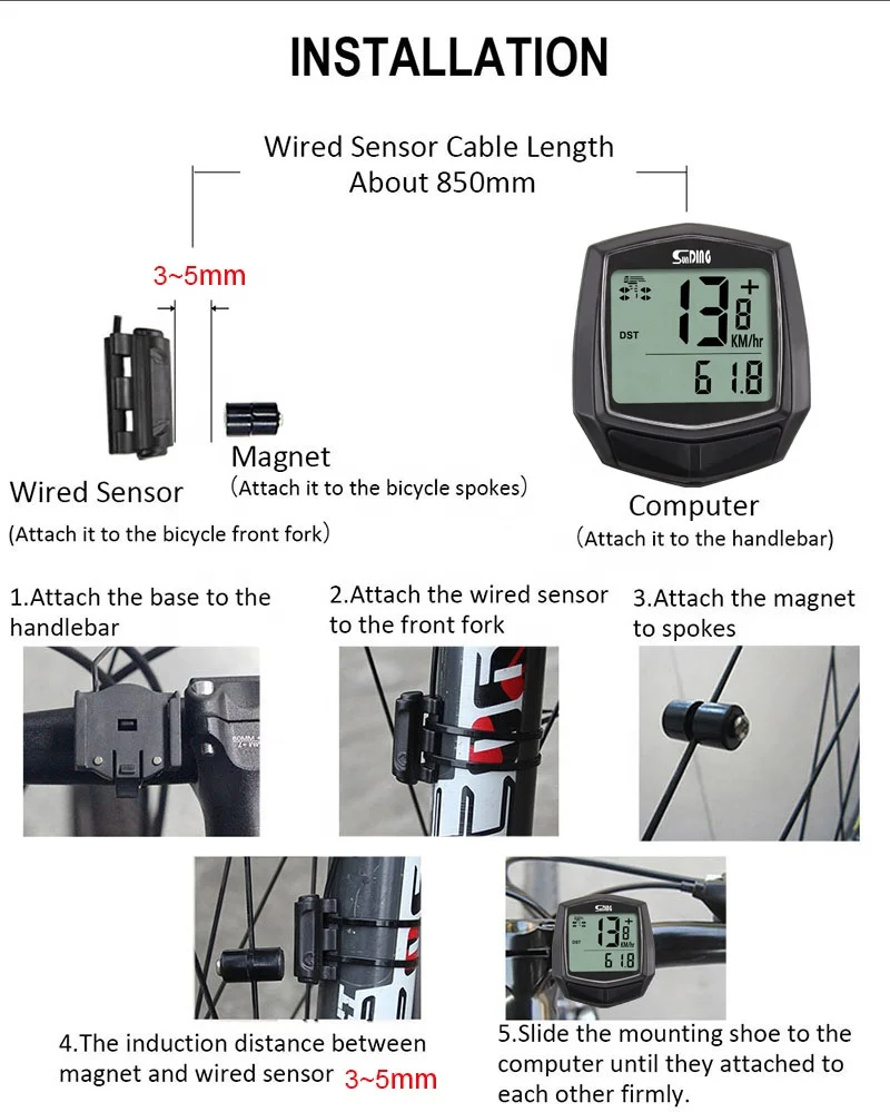 Sunding Wired Bike Computer Bicycle Speedometer Cycle Odometer Cycling Computers Meter Speed Sensor Outdoor Exercise Rainproof