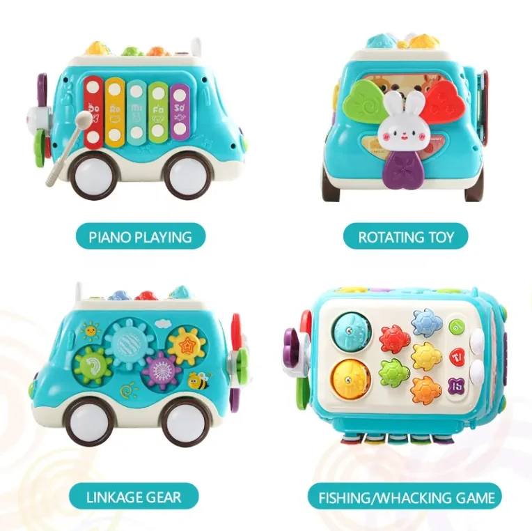 Hot sale 6 IN1 Montessori Educational Toys Knock Piano Fishing Game Gear Kids Musical Learning Toys Sliding Car Baby Bus Toy