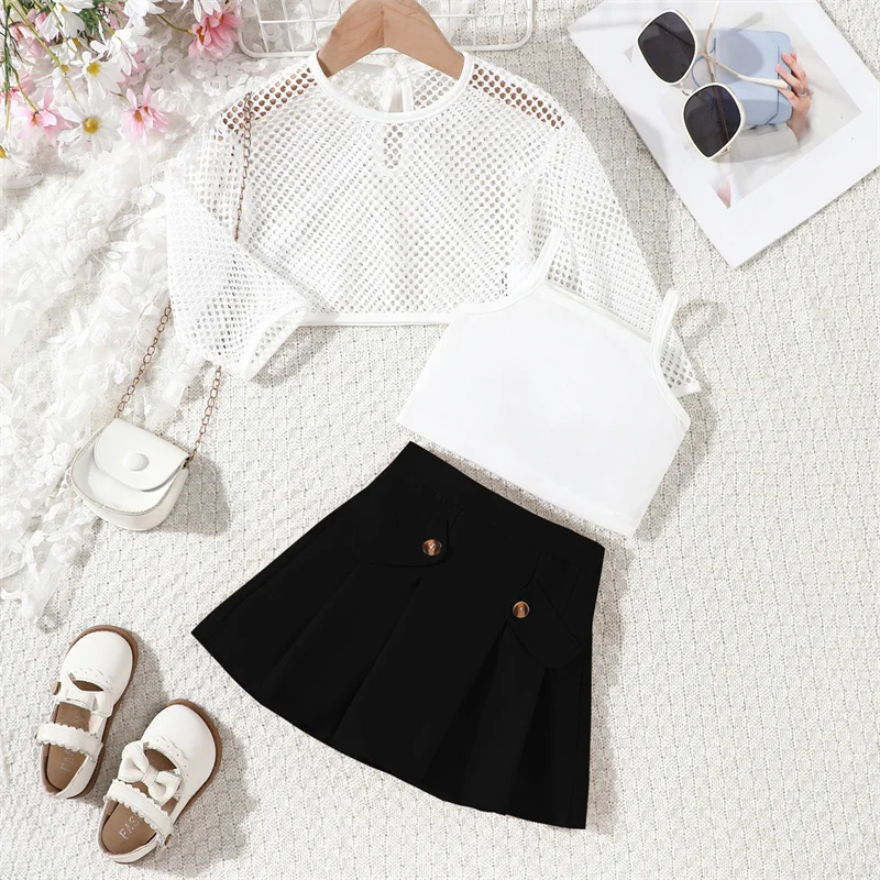 Ms-572 12 to 18 Months Baby Girls Clothing Sets Wholesale Tank Top+Net Top+Skirt 3 Pieces Outfits Kids Summer Dresses for Girls