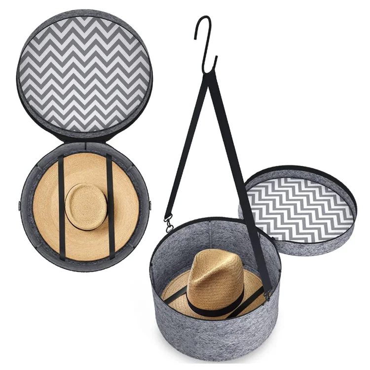 Large Round Felt Hat Box for Travel Foldable Cowboy Hat Case