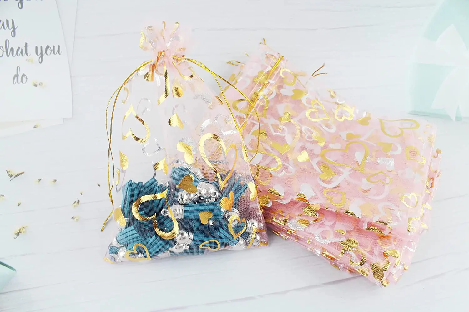 Factory direct sales Inches Heart Printed Red Organza Jewelry Pouch Organza Drawstring Pouches Wedding Favors Candy Gift bags