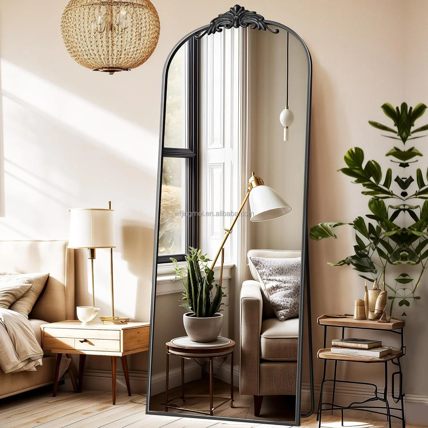 Arched Full Length Mirror,  Floor Mirror Freestanding with Carved Metal Frame, Traditional Vintage Ornate Baroque Mirror