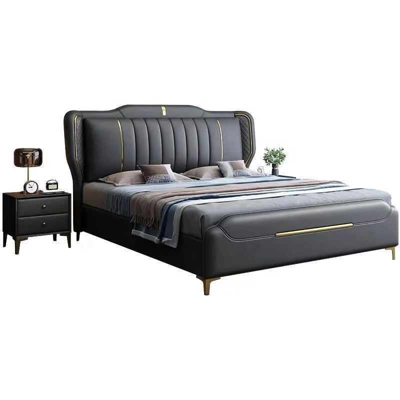 Natural Beige Linen Fabric Upholstered King Size Vintage French Wooden Beds