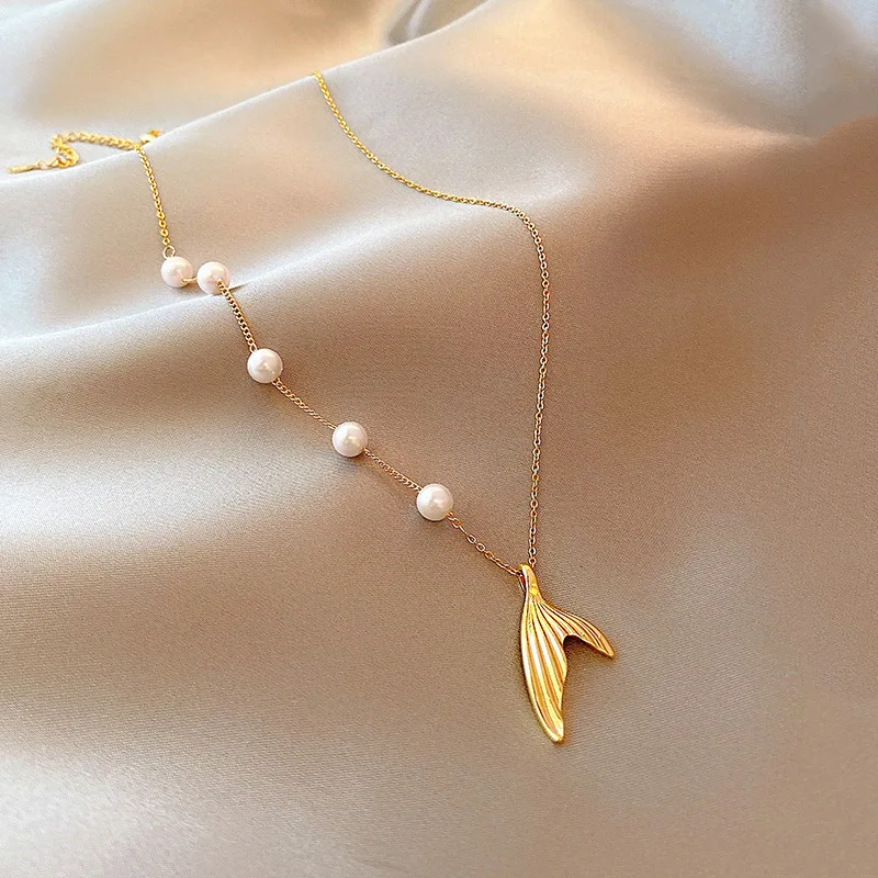 Waterproof Stainless Steel 18K Gold Plated Jewelry French Imitation Pearl Fish Tail Pendant Necklace Non Tarnish