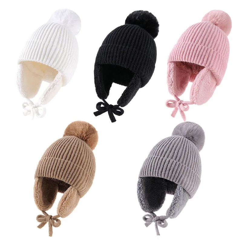 Wholesale Cute Earflap Hat Beanie Cold Winter Child Kids Baby Knit Hat with Fur Pom Pom