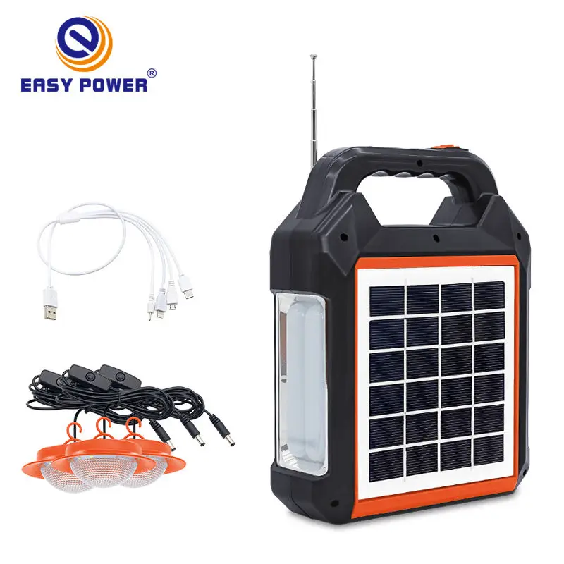 3.7V 4500MA small portable lithium battery power station solar lighting system for home camping lamp with FM radio solar panel
