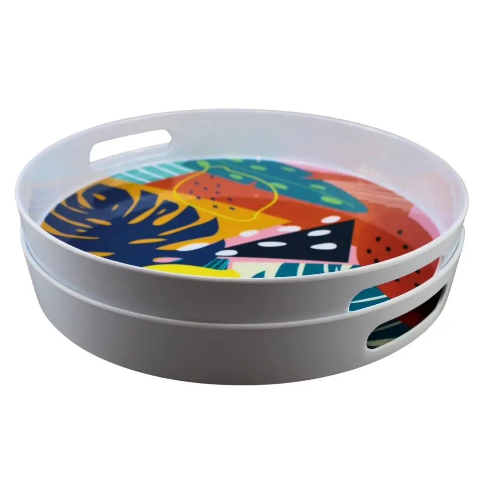 Tropical Fruits and Leaves Round Melamine Serving Tray with Handles - 2023 New Design