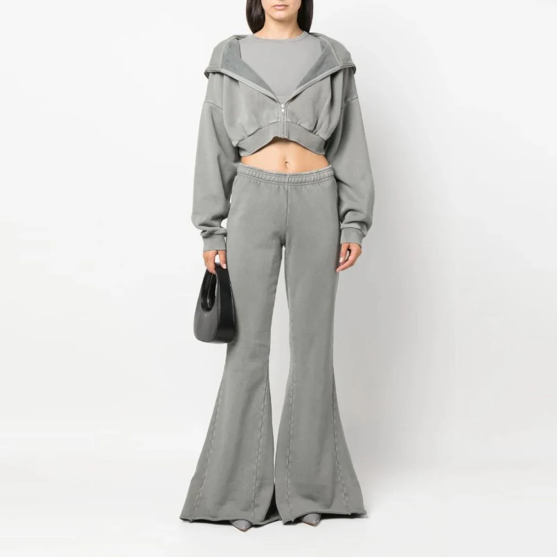 Custom 100% Cotton Women Acid Wash Flared Track Pants Tracksuits Flare Sweatpants And Hoodie Set