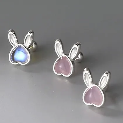 rabbit Moonstone screw ear rings Sterling Silver 925 Cute Minnie Finest Austrian Crystals Stud Earrings For Kid Little Girls
